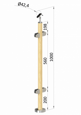 Dřevěný sloup, vrchní kotvení, výplň: sklo, průchozí, vrch nastavit. (ø 42mm), materiál: buk, broušený povrch bez nátěru