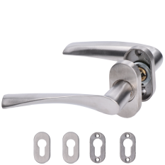 Klika nerezová (pár) včetně dolní rozety, balení: 2ks klika + 2ks dolní rozeta, příslušenství k montáži, broušená nerez K320/AISI304