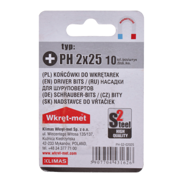 10 dílny blister bitů PH2, délka 25mm