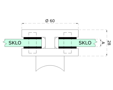 Svorka skla středová na trubku ø 42,4 mm (60x28 mm), broušená nerez K320 / AISI304, balení neobsahuje gumičky na sklo