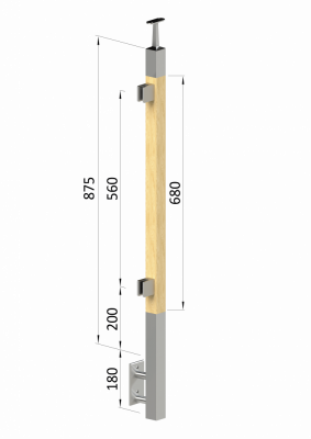 Dřevěný sloup, boční kotvení, výplň: sklo, levý, vrch pevný (40x40mm), materiál: buk, broušený povrch bez nátěru