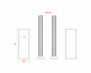 Přechod na vymezení vzdálenosti mezi sloupem (plochý) a kotevní deskou, ø 20x2,0 mm /L:55 mm, vnitřní šroub: M8x80 mm, broušená nerez K320 / AISI304, bal: 2ks