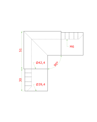 Přechod - koleno 90° (ø 42.4x1,5 mm) na madlo EB1-HM42, lepený spoj, broušená nerez K320 / AISI304