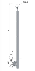 Nerezový sloup, boční kotvení, 6 děrový koncový, levý, vrch nastavitelný (ø 42,4x2 mm), broušená nerez K320 / AISI304