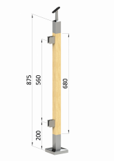 Dřevěný sloup, vrchní kotvení, výplň: sklo, levý, vrch nastavitelný (40x40mm), materiál: buk, broušený povrch bez nátěru