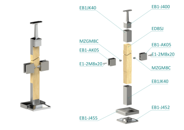 Dřevěný sloup, vrchní kotvení, výplň: sklo, průchozí, vrch pevný (40x40mm), materiál: buk, broušený povrch bez nátěru