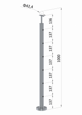 Nerezový sloup, vrchní kotvení, 6 děrový koncový, vrch pevný (ø 42,4x2 mm), leštěná nerez / AISI304