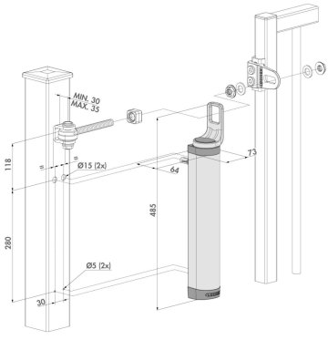 LOCINOX® RHINO hydraulický zavírač otevíratelný 180°, pro přímou montáž na panty se závitem M16 a M20 - Locinox farba: 9005