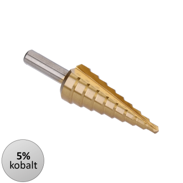 Stupňovitý kuželový vrták HSS M35 TiN 4-20, 3 ploché boční úchopy