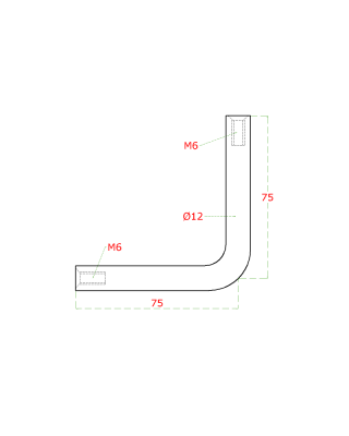 Úhelník (90°, 2x vnitřní závit M6, ø 12 mm L: 75x75 mm), broušená nerez K320 / AISI304