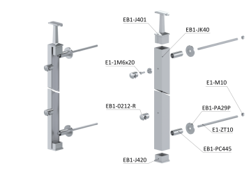Nerezový sloup na francouzský balkón, boční kotvení, 5 řadový, pravý, vrch pevný, (40x40x2.0 mm), broušená nerez K320 /AISI304