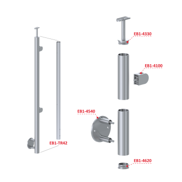 Nerezový sloup, boční kotvení, výplň: sklo, pravý, vrch pevný (ø 42,4x2 mm), broušená nerez K320 / AISI304