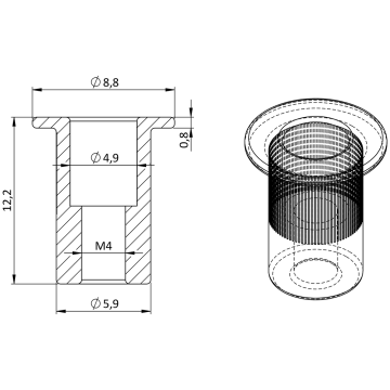 AISI304 nýtovací matice M4, rýhovaný dřík, L = 12,2 mm