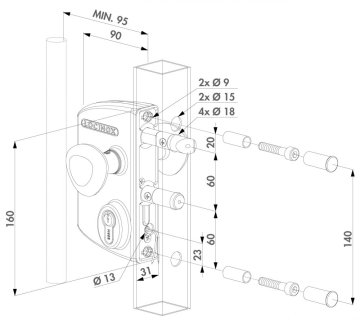 Kazetový elektrický zámek s funkcí Fail Close pro montáž na čtvercový profil (kazeta, zámek, hliníková koule, cylindrická vložka), volitelná barva RAL