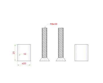 Přechod na vymezení vzdálenosti mezi sloupem (plochý) a kotevní deskou, ø 20x2,0 mm /L:25 mm, vnitřní šroub: M8x50 mm, broušená nerez K320 / AISI304, bal: 2ks