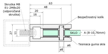 Svorka skla plochá (63x45x27 mm), broušená nerez K320 / AISI304, balení neobsahuje gumičky na sklo