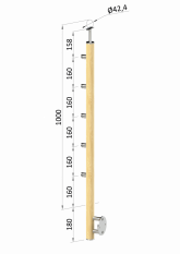 Dřevěný sloup, boční kotvení, 5 řadový, průchozí, vnější, vrch pevný (ø42 mm), materiál: buk, broušený povrch s nátěrem BORI (bezbarvý)