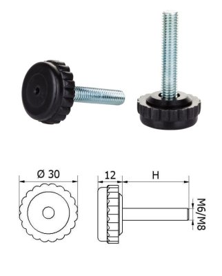 ø-30mm, M8x15mm, H-15mm, čierna,Bezkĺbová plastová nivelačná nožička, závitovo-nastavitelná.