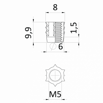 Narážecí matice do dřeva M5x9.9 s vnitřním metrickým závitem, zinková slitina