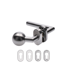 Klika (pravá) + koule (pevná) ohnutá, včetně spodní rozety, balení: 1 ks klika (pravá), 1 ks koule, 2 ks spodní oválná rozeta, broušená nerezová ocel AISI304