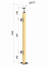 Dřevěný sloup, vrchní kotvení, výplň: sklo, levý, vrch pevný (40x40mm), materiál: buk, broušený povrch s nátěrem BORI (bezbarvý)