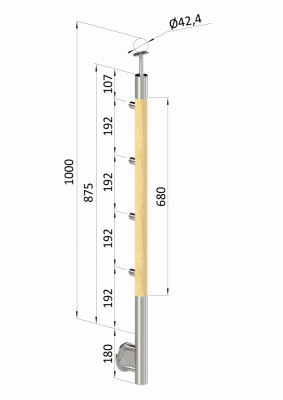 Dřevěný sloup, boční kotvení, 4 řadový, průchozí, vnitřní, vrch pevný (ø 42mm), materiál: buk, broušený povrch bez nátěru