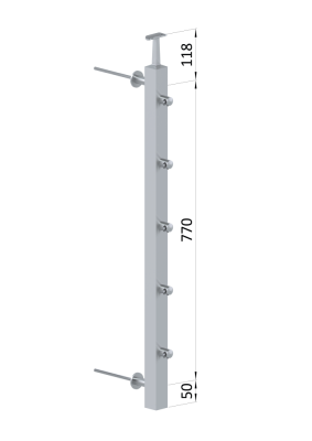 Nerezový sloup na francouzský balkón, boční kotvení, 5 řadový, levý, vrch pevný, (40x40x2 mm), broušená nerez K320 / AISI304