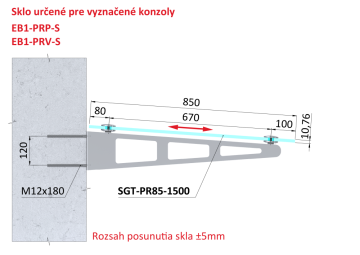 Transparentní ESG / VSG sklo, rozměr 850x1500mm, tloušťka: 10.76mm s fólií a výřezy na držáky EB1-PRJ, průměr díry ø25mm