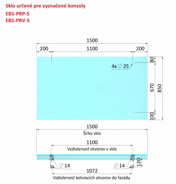 Transparentní ESG / VSG sklo, rozměr 850x1500mm, tloušťka: 10.76mm s fólií a výřezy na držáky EB1-PRJ, průměr díry ø25mm