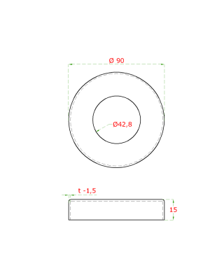 Kryt příruby (ø 90 x 15mm) na trubku ø 42,4 mm, otvor ø 42,8 mm, broušená nerez K320 /AISI304