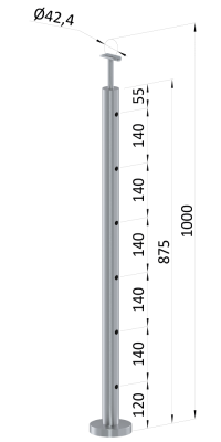 Nerezový sloup, vrchní kotvení, 6 děrový průchozí, vrch pevný (ø 42.4x2mm), broušená nerez K320 /AISI304