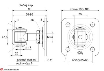 COMBI ARIALDO pant M24 s plotnou 100 x 100 mm, otevíratelný 90°, nastavitelný 1D, částečně pozinkovaný