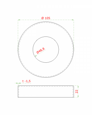 Kryt příruby (ø 105 / 22 mm) na trubku ø 48,3 mm, broušená nerez K320 / AISI304