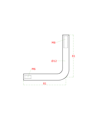 Uholník (90°, vnútorný závit M6 a M8, ø 12mm L:81x81mm), brúsená nerez K320 /AISI304