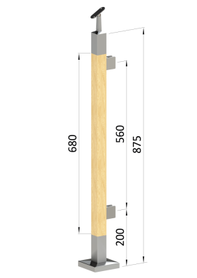 Dřevěný sloup, vrchní kotvení, výplň: sklo, pravý, vrch nastavitelný (40x40mm), materiál: buk, broušený povrch s nátěrem BORI (bezbarvý)