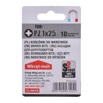 10 dílny blister bitů PZ1, délka 25mm