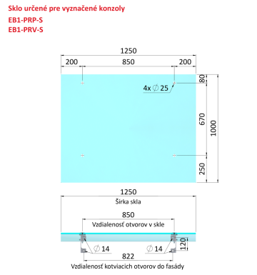 Transparentní ESG / VSG sklo, rozměr 1250x1000mm, tloušťka: 12.76mm s fólií a výřezy na držáky EB1-PRJ, průměr díry ø25mm