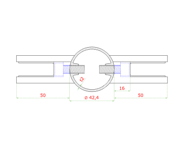 Nerezový sloup, boční kotvení, výplň: sklo, průchozí, vrch pevný (ø42,4x2 mm), broušená nerez K320 / AISI304