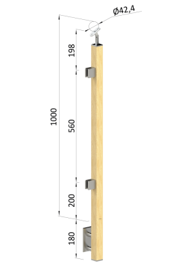 Dřevěný sloup, boční kotvení, výplň: sklo, koncový, levý, vrch nastavitelný (40x40mm), materiál: buk, broušený povrch bez nátěru