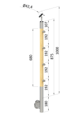 Dřevěný sloup, boční kotvení, 4 řadový, průchozí, vnější, vrch nastavitelný (ø 42mm), materiál: buk, broušený povrch bez nátěru