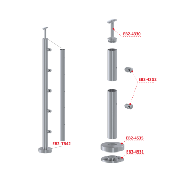 Nerezový sloup, vrchní kotvení, 5 řadový průchodný, vrch pevný (ø42,4x2 mm), broušená nerez K320 / AISI316