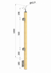 Dřevěný sloup, boční kotvení, výplň: sklo, koncový, levý, vrch nastavitelný (40x40mm), materiál: buk, broušený povrch bez nátěru