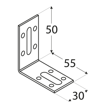 úhelník nastaviteľný 50x55x30mm, 2,0mm, pozink, diery 5mm-8ks, díry 6,5/23mm-1ks, 8,5/21,5mm-1ks