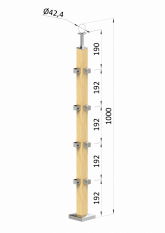 Dřevěný sloup, vrchní kotvení, 4 řadový, rohový: 90°, vrch pevný (40x40 mm), materiál: buk, broušený povrch bez nátěru