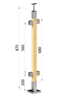 Dřevěný sloup, vrchní kotvení, výplň: sklo, průchozí, vrch pevný (40x40 mm), materiál: buk, broušený povrch s nátěrem BORI (bezbarvý)
