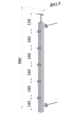 Nerezový sloup na francouzský balkón, boční kotvení, 5 řadový, pravý, vrch pevný, (40x40x2.0 mm), broušená nerez K320 /A