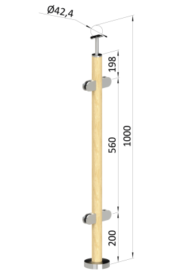 Dřevěný sloup, vrchní kotvení, výplň: sklo, průchozí, vrch pevný (ø42 mm), materiál: buk, boušený povrch s nátěrom BORI (bezbarvý)