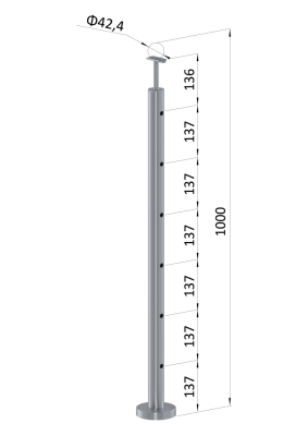 Nerezový sloup, vrchní kotvení, 6 děrový průchodný, vrch pevný (ø 42,4x2 mm), leštěná nerez / AISI304