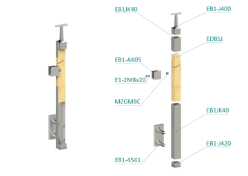 Dřevěný sloup, boční kotvení, výplň: sklo, levý, vrch pevný (40x40mm), materiál: buk, broušený povrch s nátěrem BORI (bezbarvý)