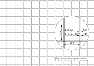 Svařované pletené síto se zeleným PVC obalem, ø pletiva: 1.05mm, ø pletiva s PVC: 1.45mm, oko: 25.4x25.4mm, celkový rozměr: Výška x Šířka 1x25m